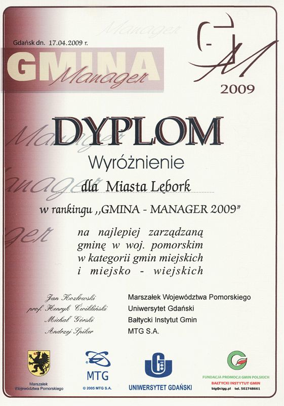 Wyróżnienie Gmina Manager 2009 dla Lęborka 