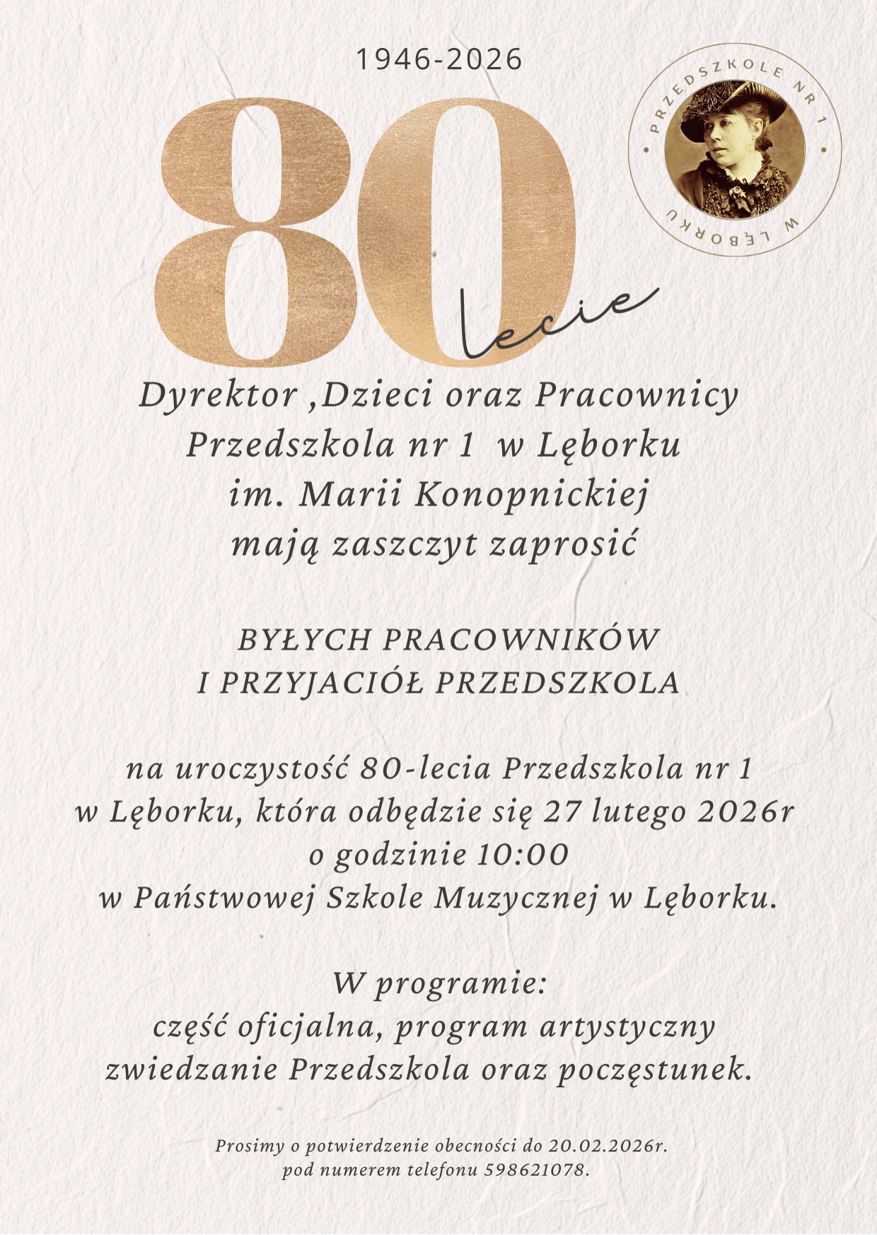 Zaproszenie na jubileusz 80-lecia Przedszkola nr 1