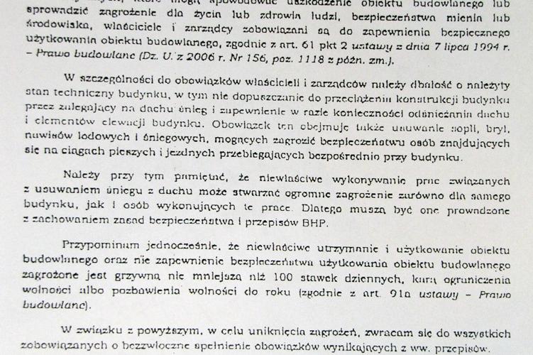 Zagrożenia występujące w okresie zimowym - komunikat Głównego Inspektora Nadzoru Budowlanego