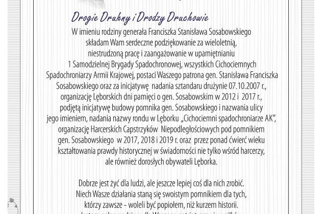 Rondo Cichociemnych Spadochroniarzy AK. Podziękowania od rodziny Sosabowskich